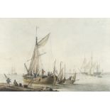 Samuel Atkins (British, fl.1787-1808) Dutch merchant boats on an estuary with Dutch naval craft i...