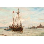 Charles William Wyllie, RBA (British, 1859-1923) Princess Roma making sail off a small harbour