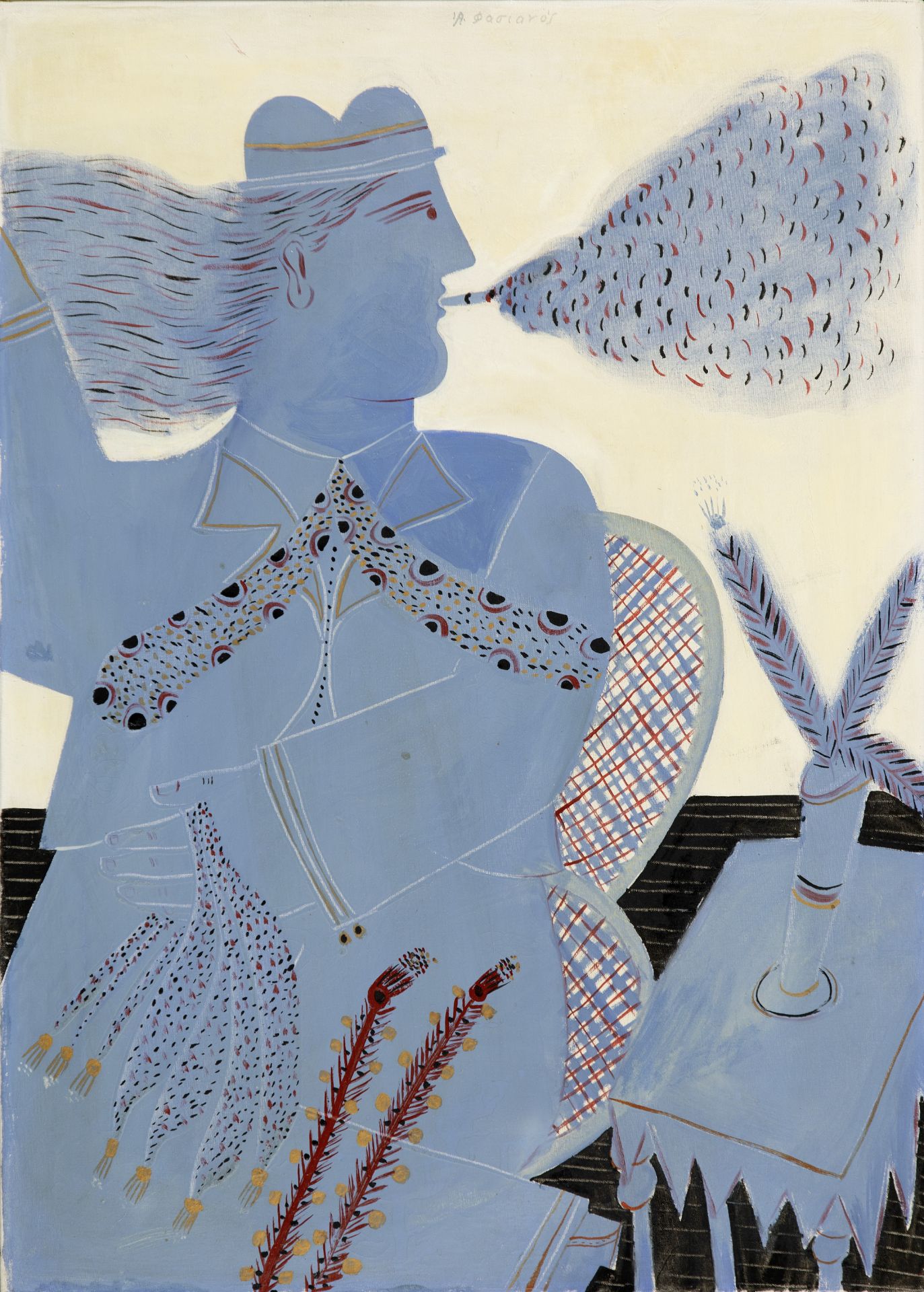 Alecos Fassianos (Greek, born 1935) Blue smoking man 70 x 50.5 cm.