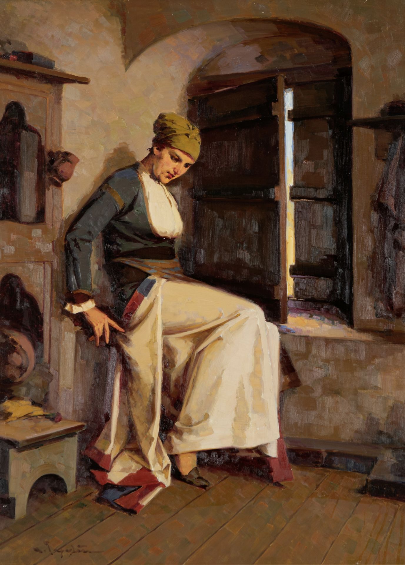 Apostolos Geralis (Greek, 1886-1983) A moment of rest 75 x 55 cm.