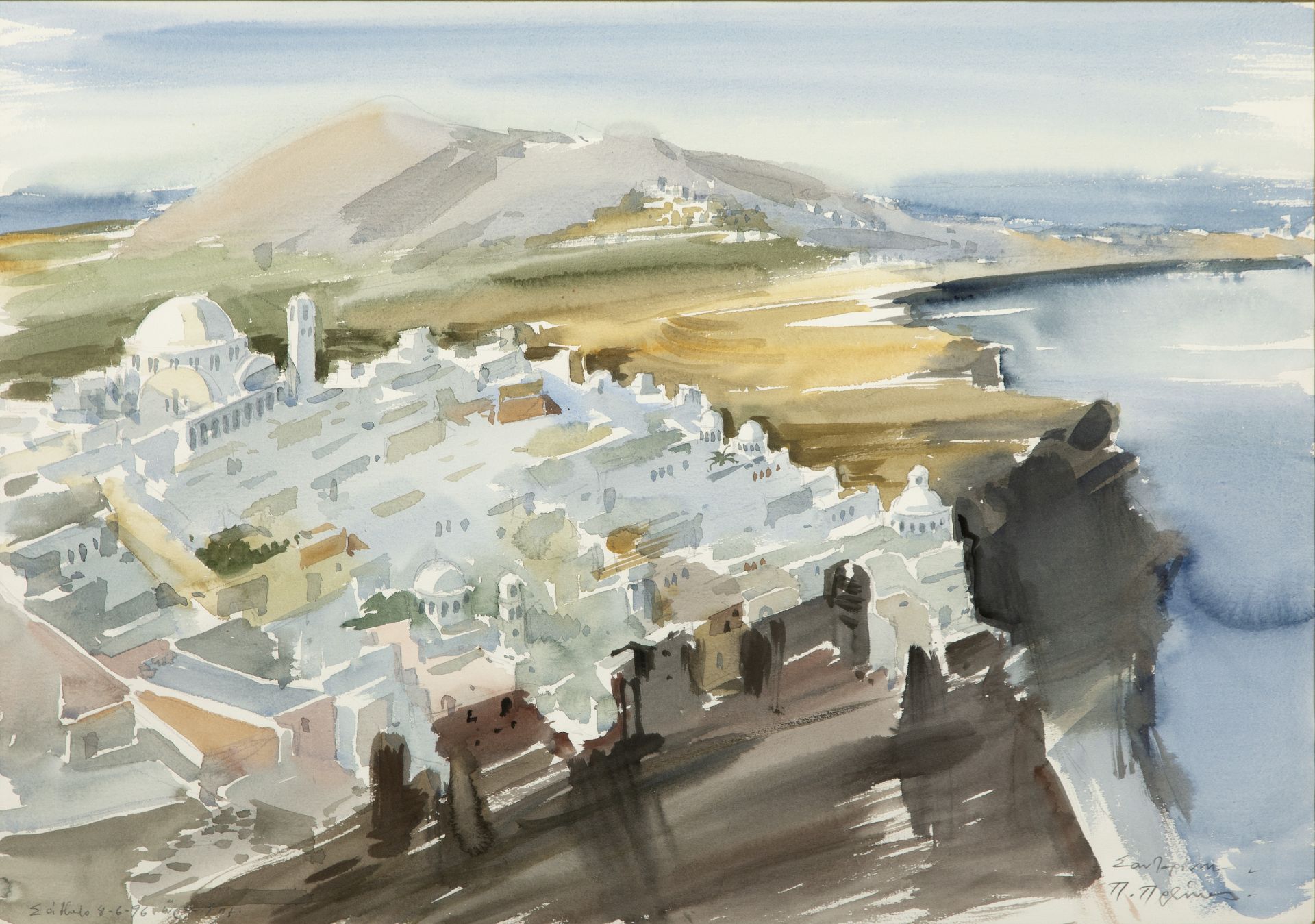 Paris Prekas (Greek, 1926-1999) View of Fira, Santorini 50 x 70 cm.