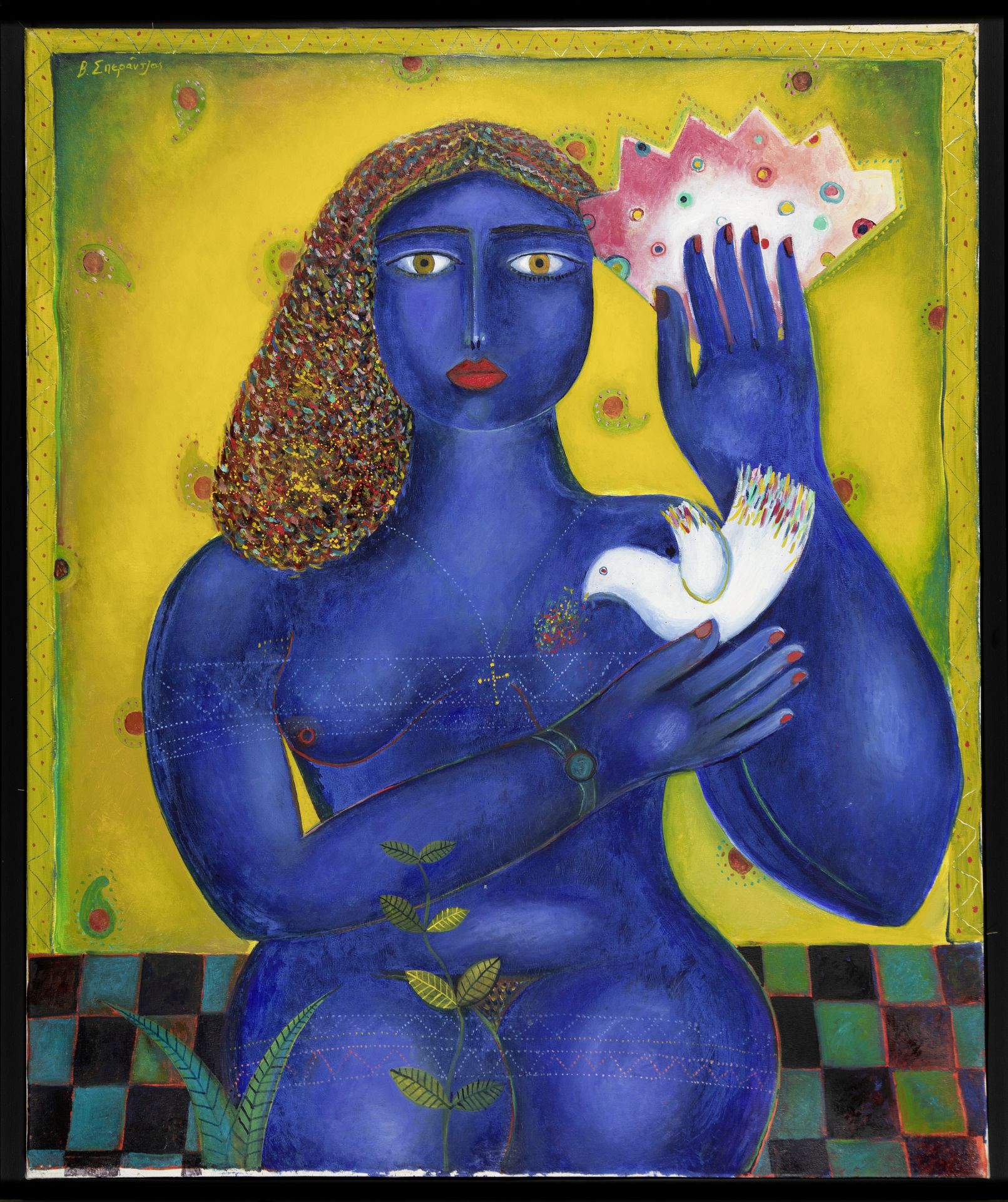 Vassilis Sperantzas (Greek, born 1938) Blue woman with white dove 120 x 100 cm.