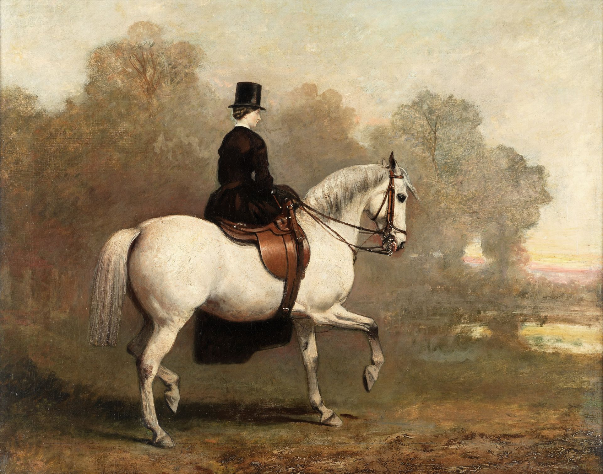 English School (19th century) Portrait of a lady riding a white horse