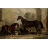 Circle of John Alfred Wheeler of Bath (British, 1820-1885) Mare, foal and dog in the stable yard