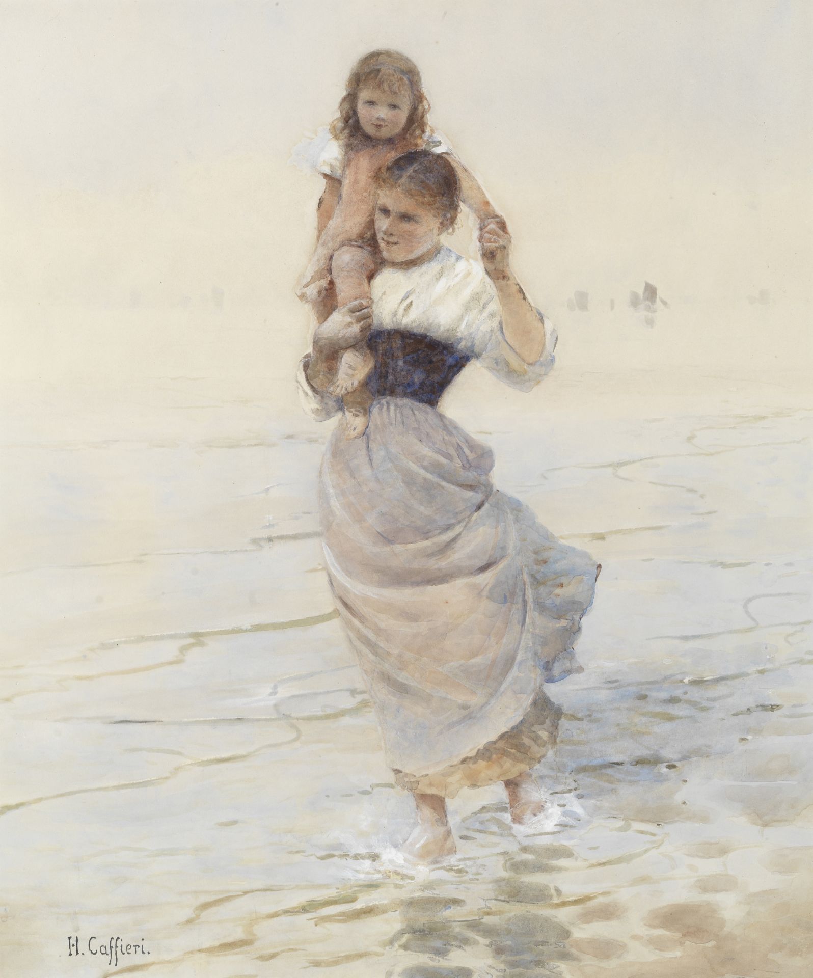 Hector Caffieri, RI, RBA (British, 1847-1932) Mother carrying her child through the shallows