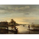 Attributed to George Vincent (British, 1796-1831) A view on the broads with men fishing from punts