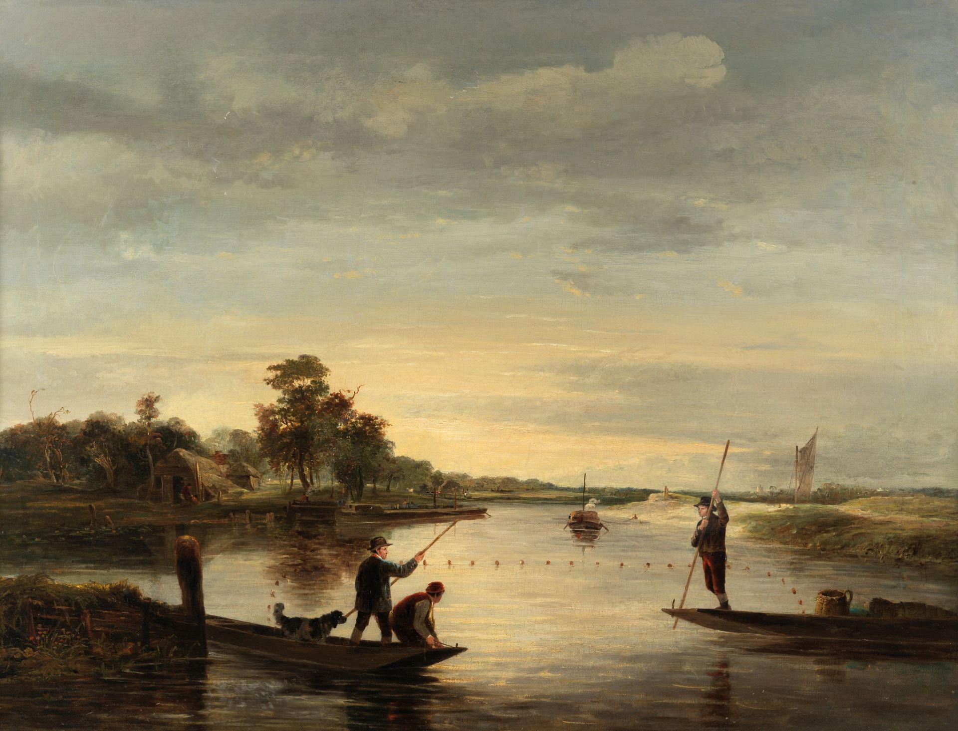 Attributed to George Vincent (British, 1796-1831) A view on the broads with men fishing from punts