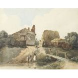 David Cox Snr. O.W.S. (British, 1783-1859) A bridge by a cottage with a woman and child collectin...