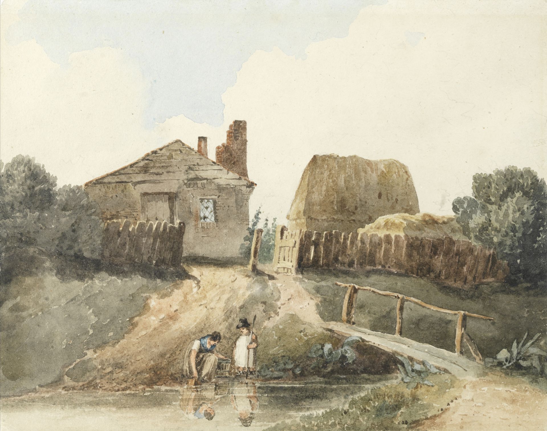 David Cox Snr. O.W.S. (British, 1783-1859) A bridge by a cottage with a woman and child collectin...