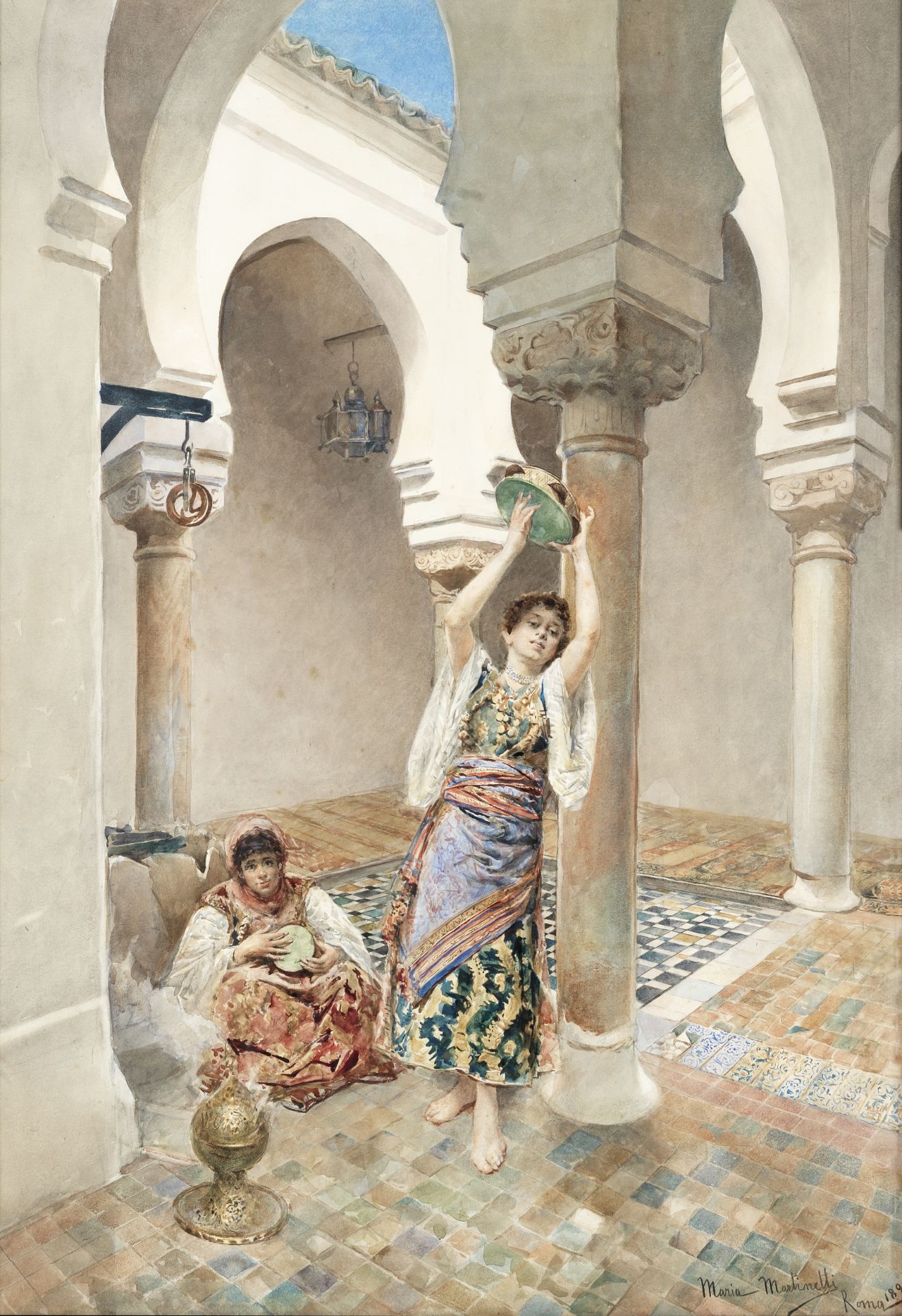 Maria Martinetti (Italian, 1864-1921) Two female musicians in a courtyard