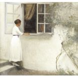 Peter Vilhelm Ilsted (Danish, 1861-1933) Young woman in a white summer dress standing by an open ...