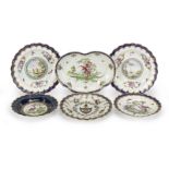 A Worcester armorial plate, a heart-shaped dish and and four other plates, circa 1780-90