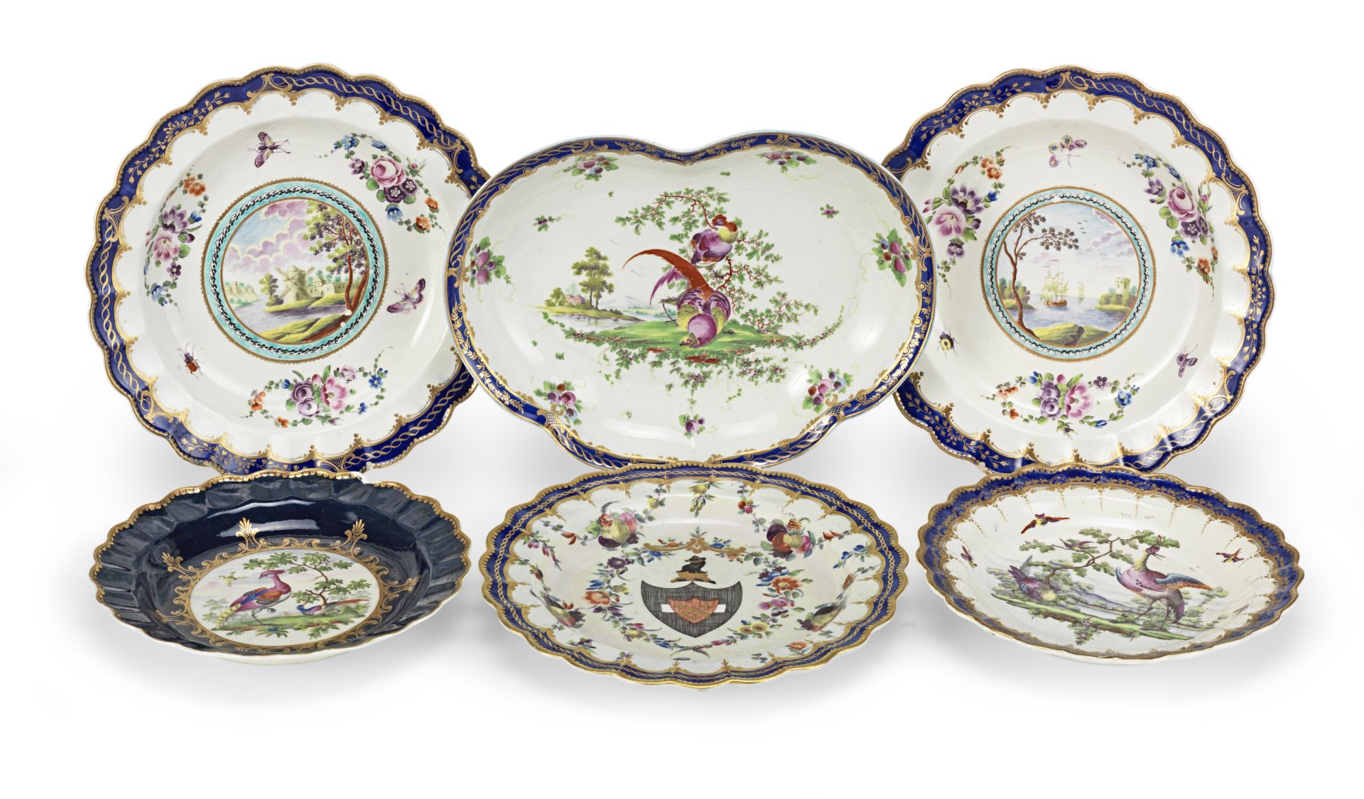 A Worcester armorial plate, a heart-shaped dish and and four other plates, circa 1780-90