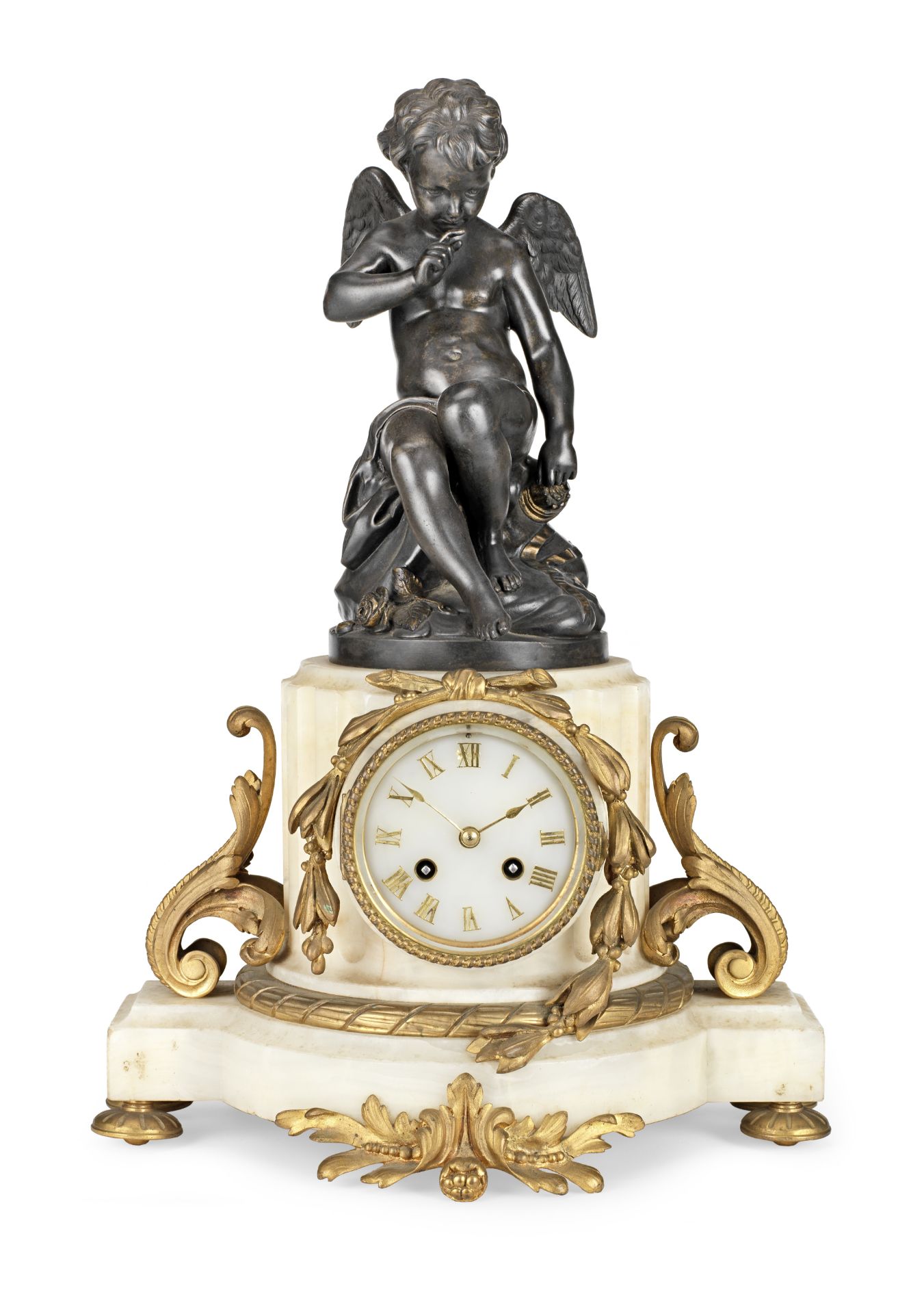 A French 19th century gilt, patinated bronze and marble figural mantle clock Lemerle-Charpentier,...