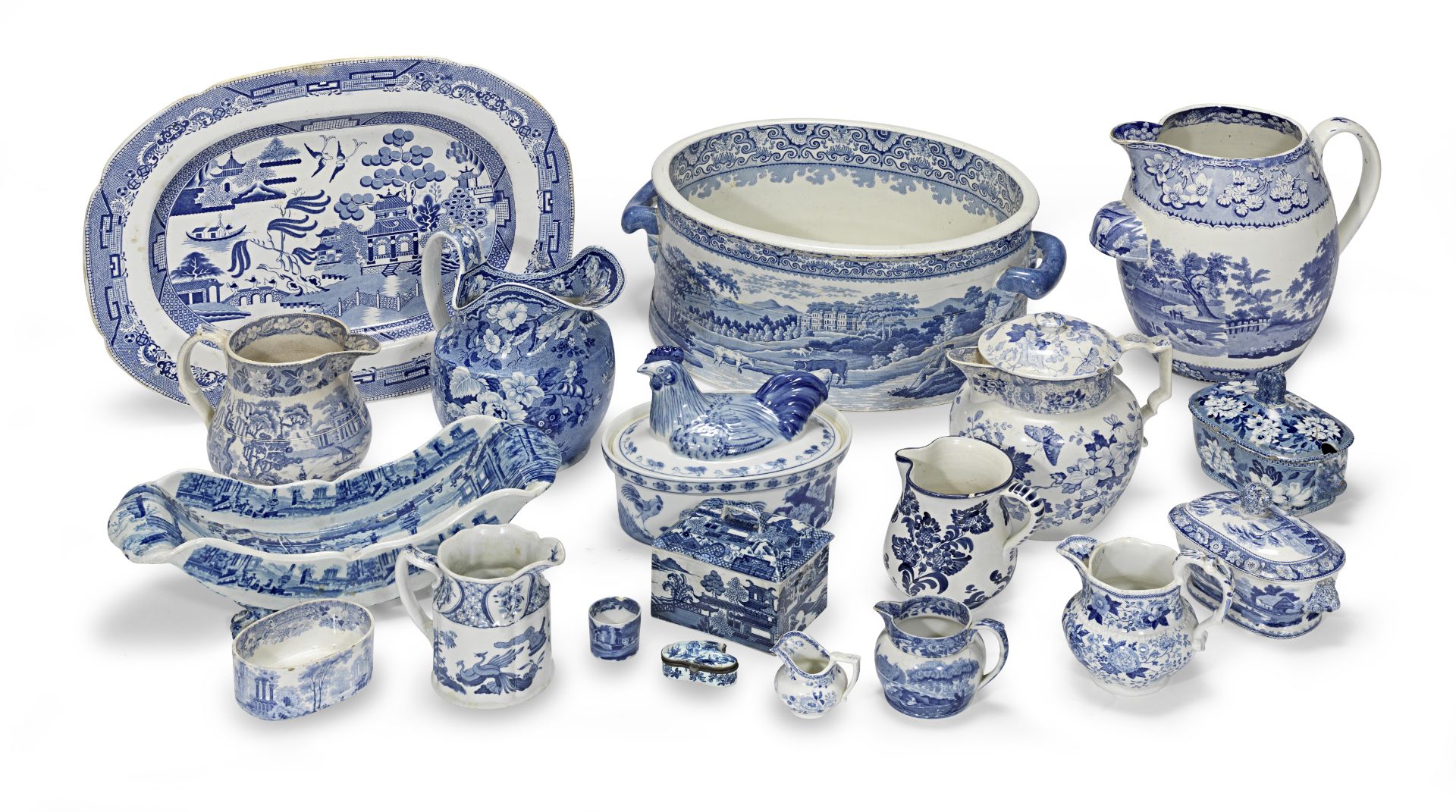 A collection of blue and white items