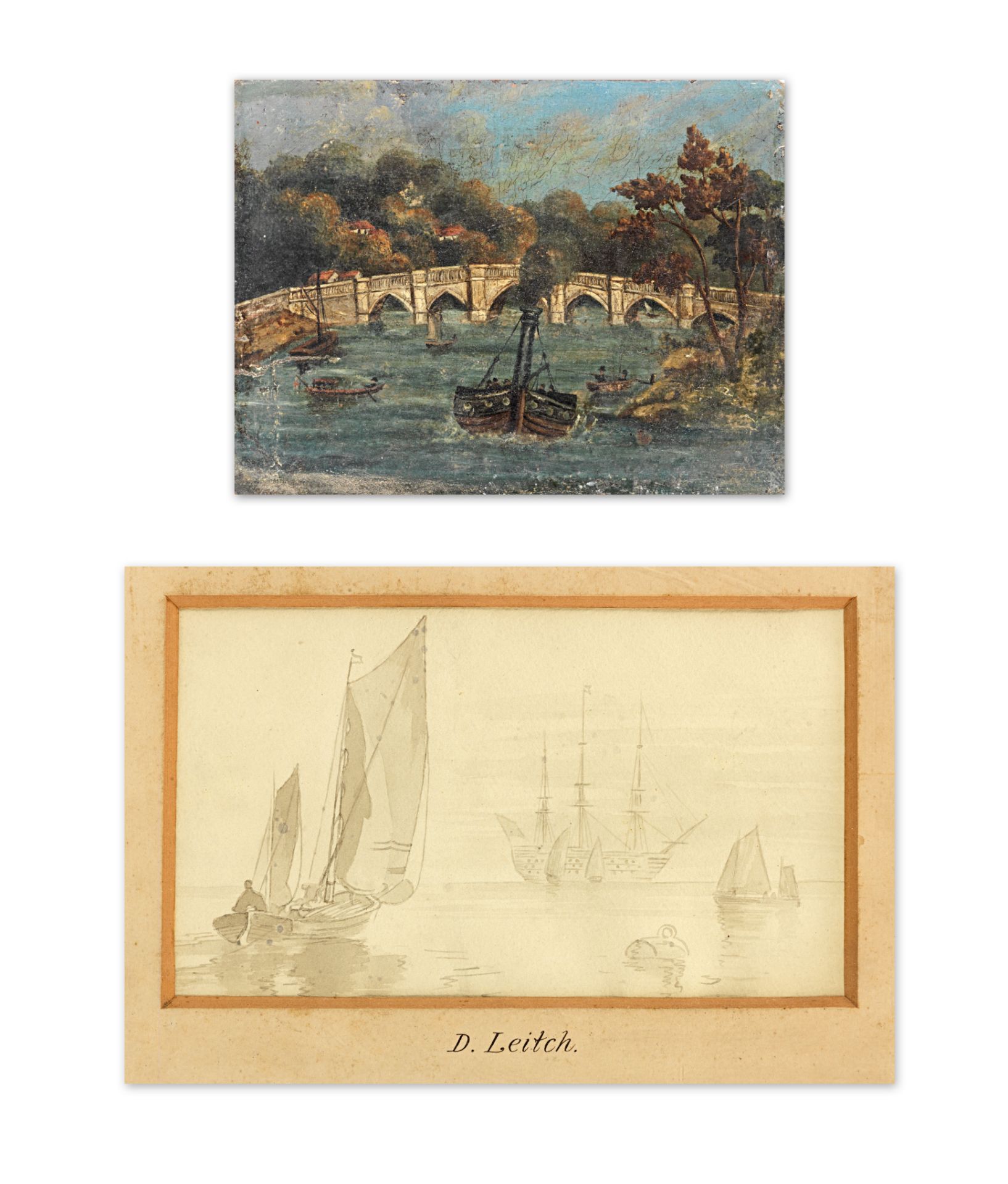 19th Century British School Shipping in calm waters, pencil mount inscribed D. Leitch ( together ...