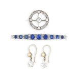 A Sapphire and diamond bar brooch, circa 1910, diamond brooch, circa 1915, pair of diamond earrings