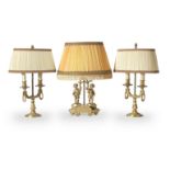 A pair of gilt metal two branch table lamps of Neo Classical style (3)