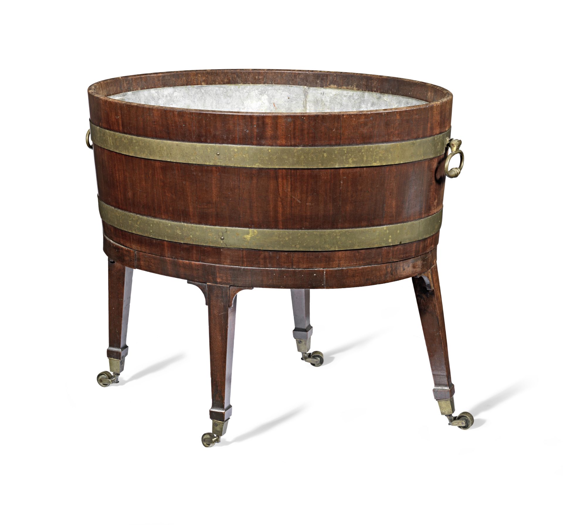 A George III mahogany and brass bound wine cooler on stand