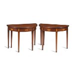 A pair of George III mahogany and burr walnut crossbanded fold over tea tables (2)