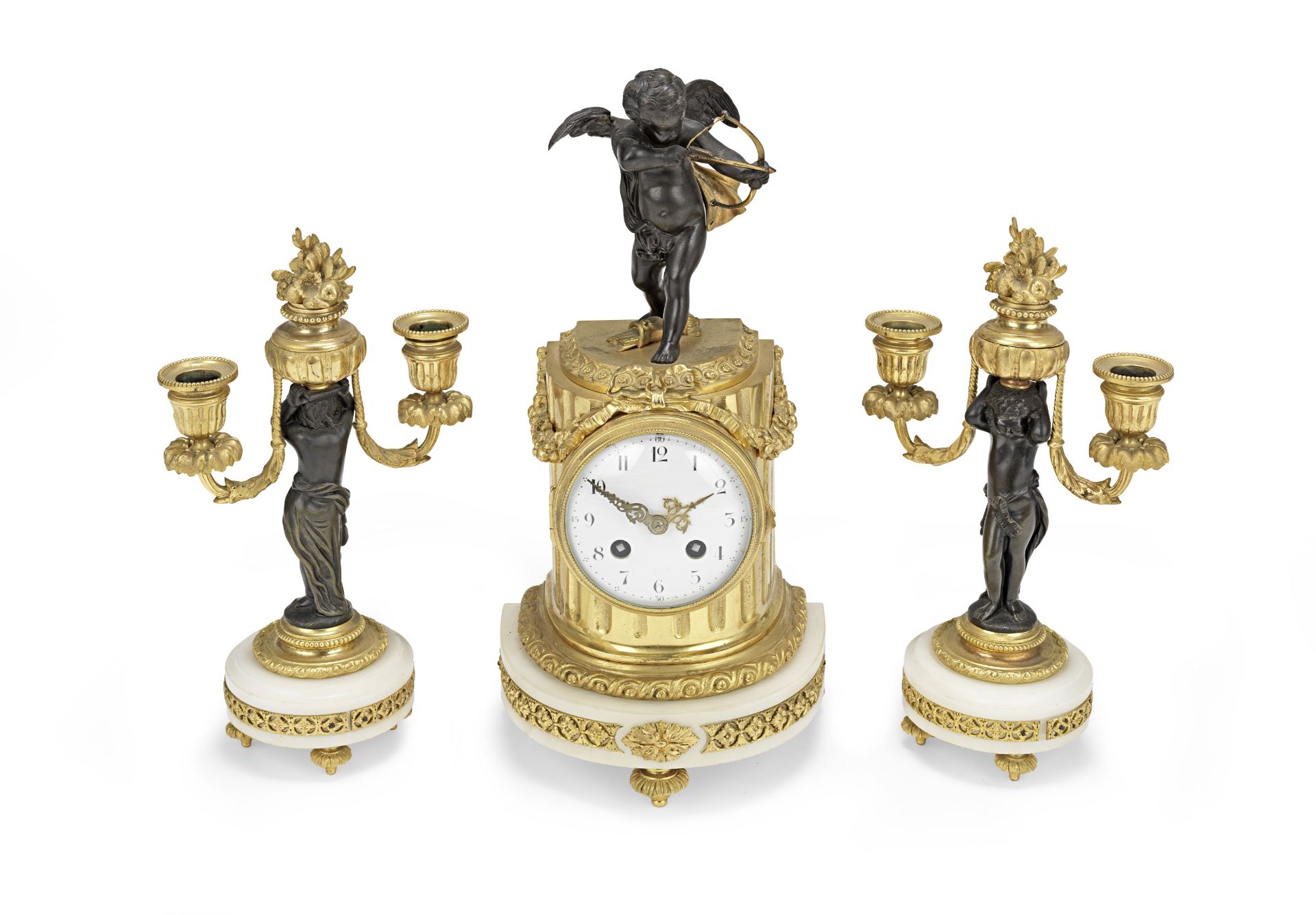 A French 19th century patinated and gilt bronze clock garniture (3)
