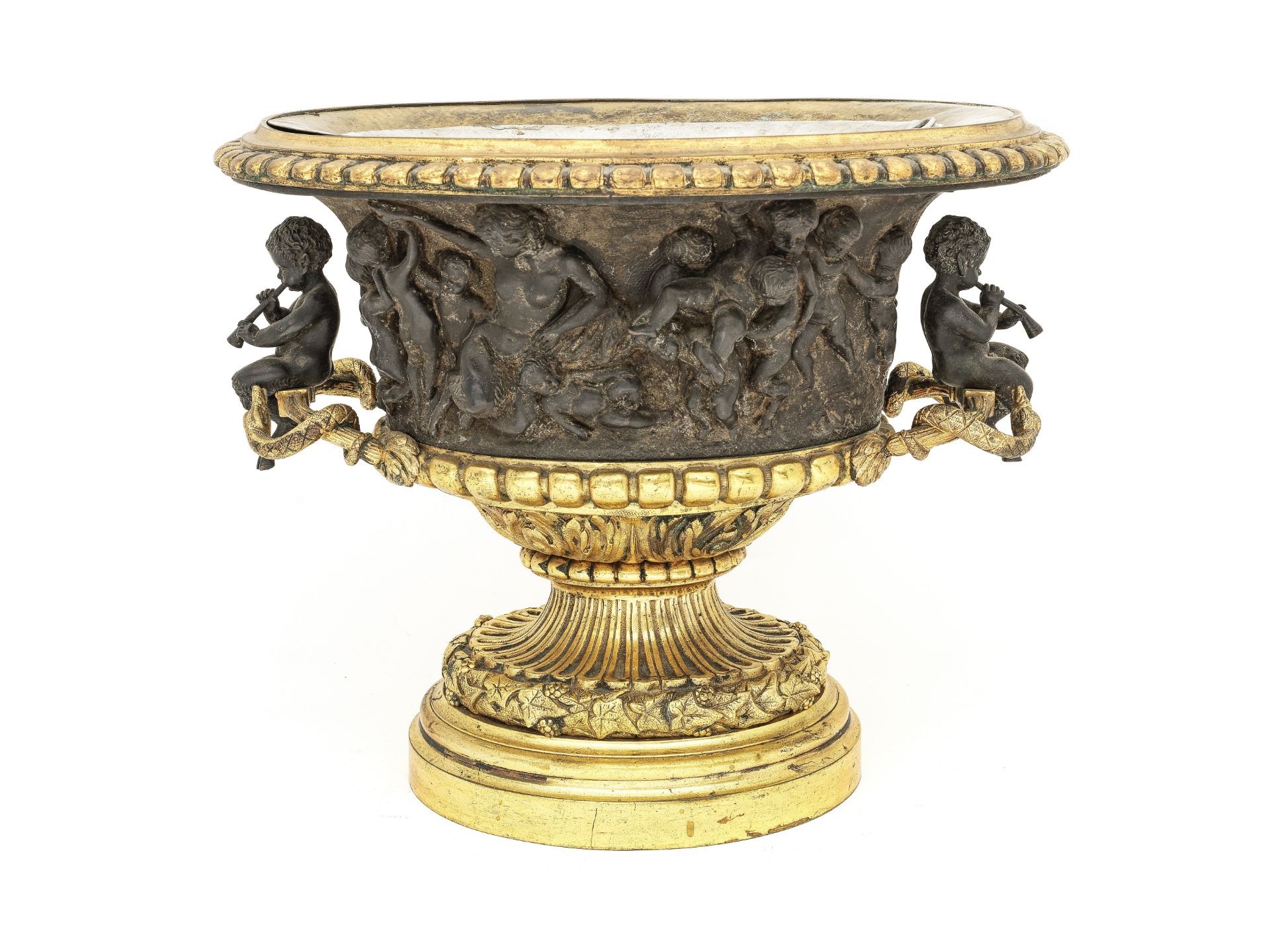 A late 19th century gilt and patinated bronze and metal urn