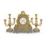 A Louis XVI style ormolu mounted grey marble clock garniture The dial signed Deniere, Paris (3)