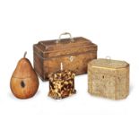 A George III scrolled paper and satinwood tea caddy together with a fruitwood pear shaped tea cad...