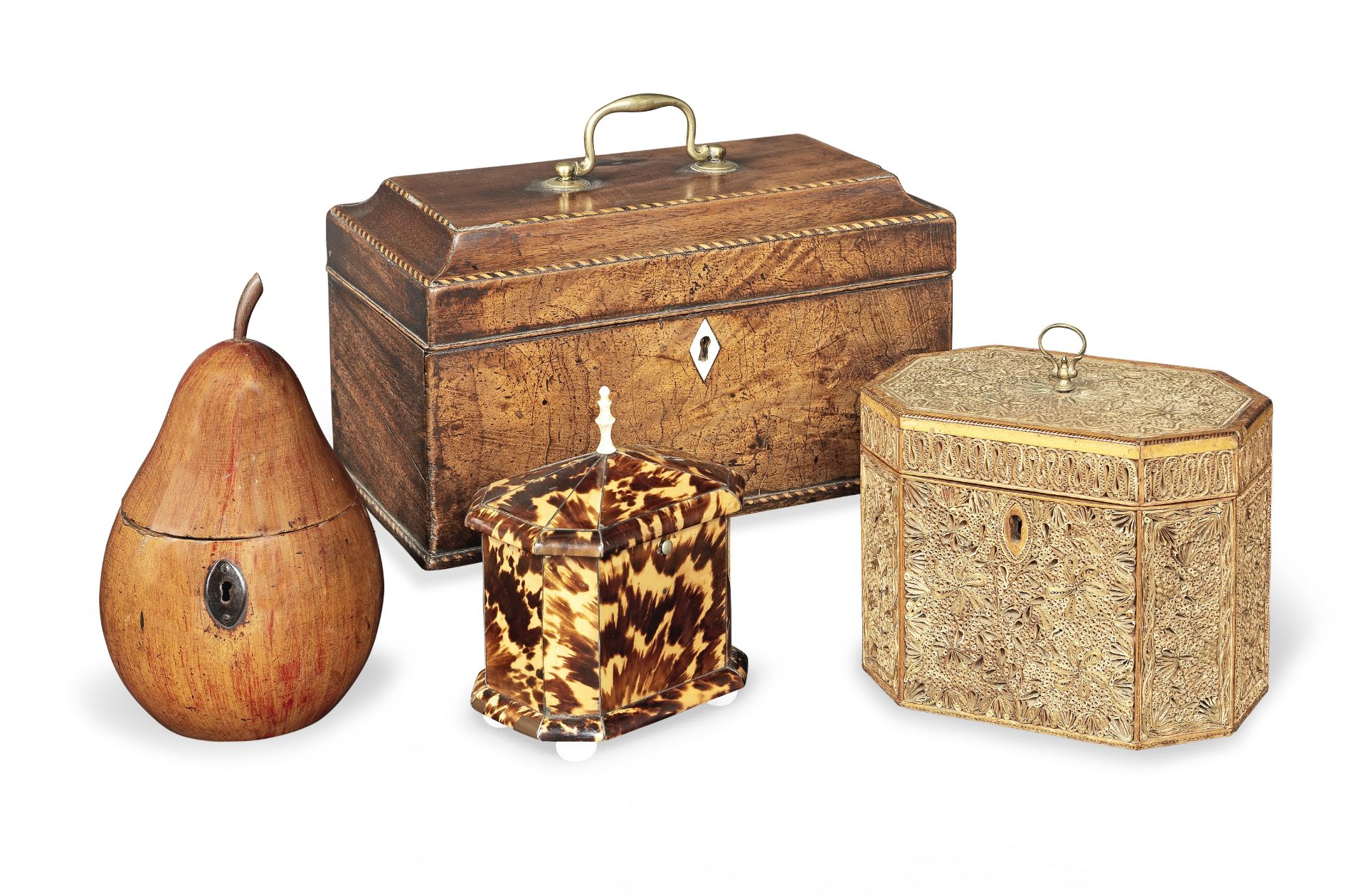 A George III scrolled paper and satinwood tea caddy together with a fruitwood pear shaped tea cad...