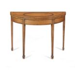 A George III satinwood, purple wood and tulipwood banded demi-lune card table