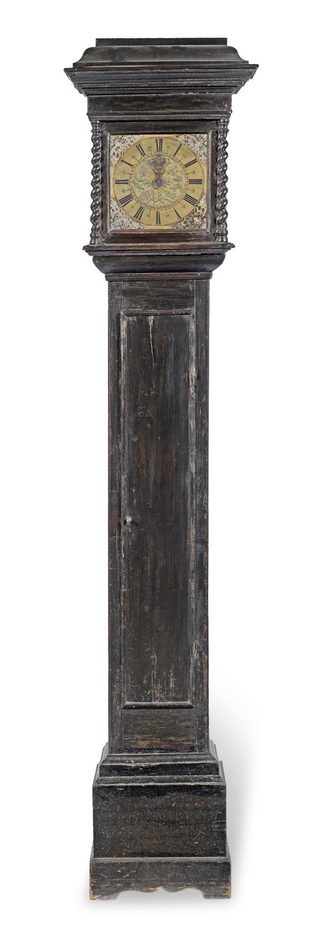 A rare 17th century weight driven wall clock now contained in an ebonised floorstanding case Unsi...