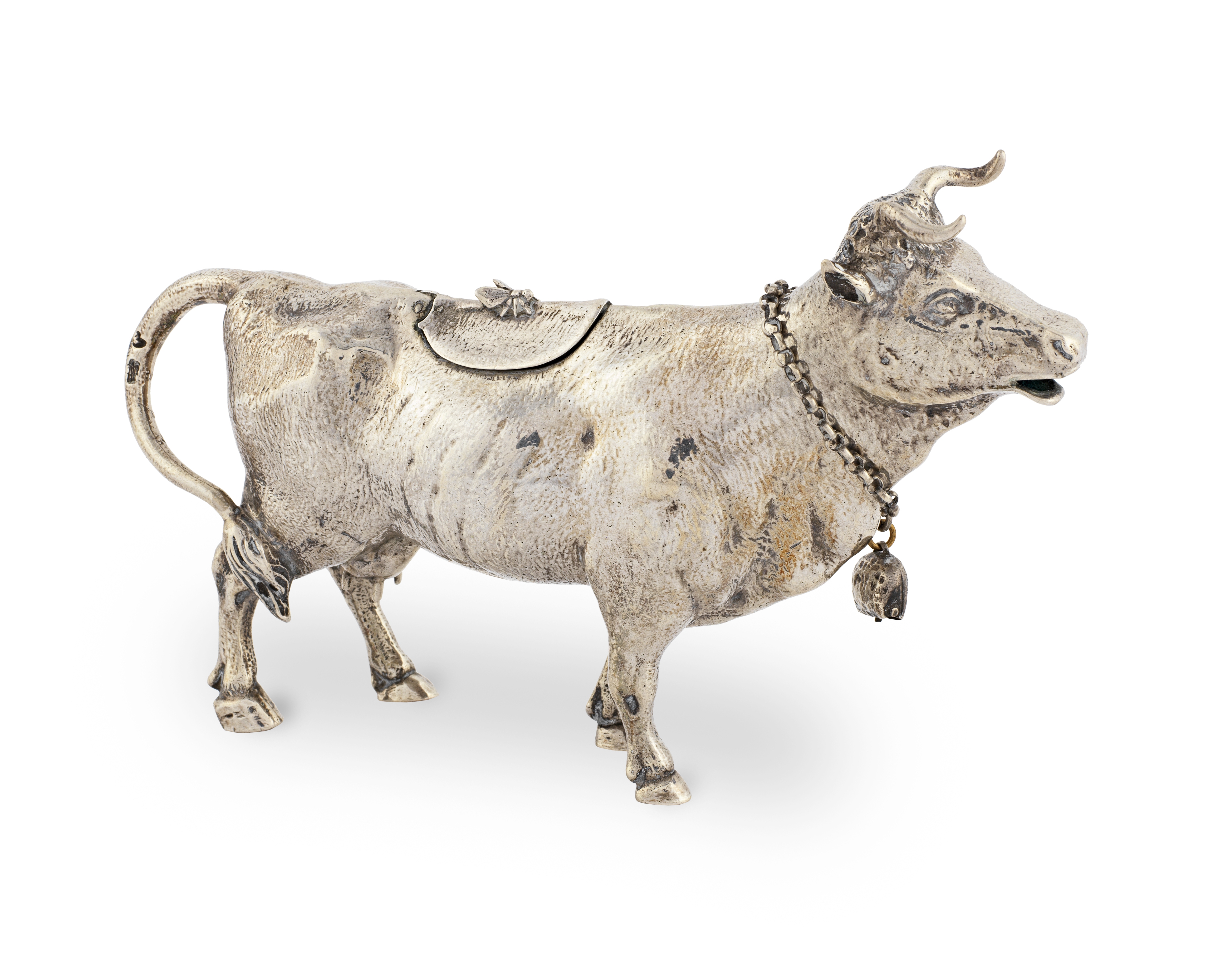 A Dutch silver cow creamer marked on tail