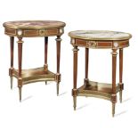 A matched pair of French late 19th century ormolu and jasperware mounted mahogany gueridonsIn the...