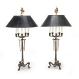 A pair of Napoleon III gilt and patinated bronze five branch candelabra, later adapted for electr...