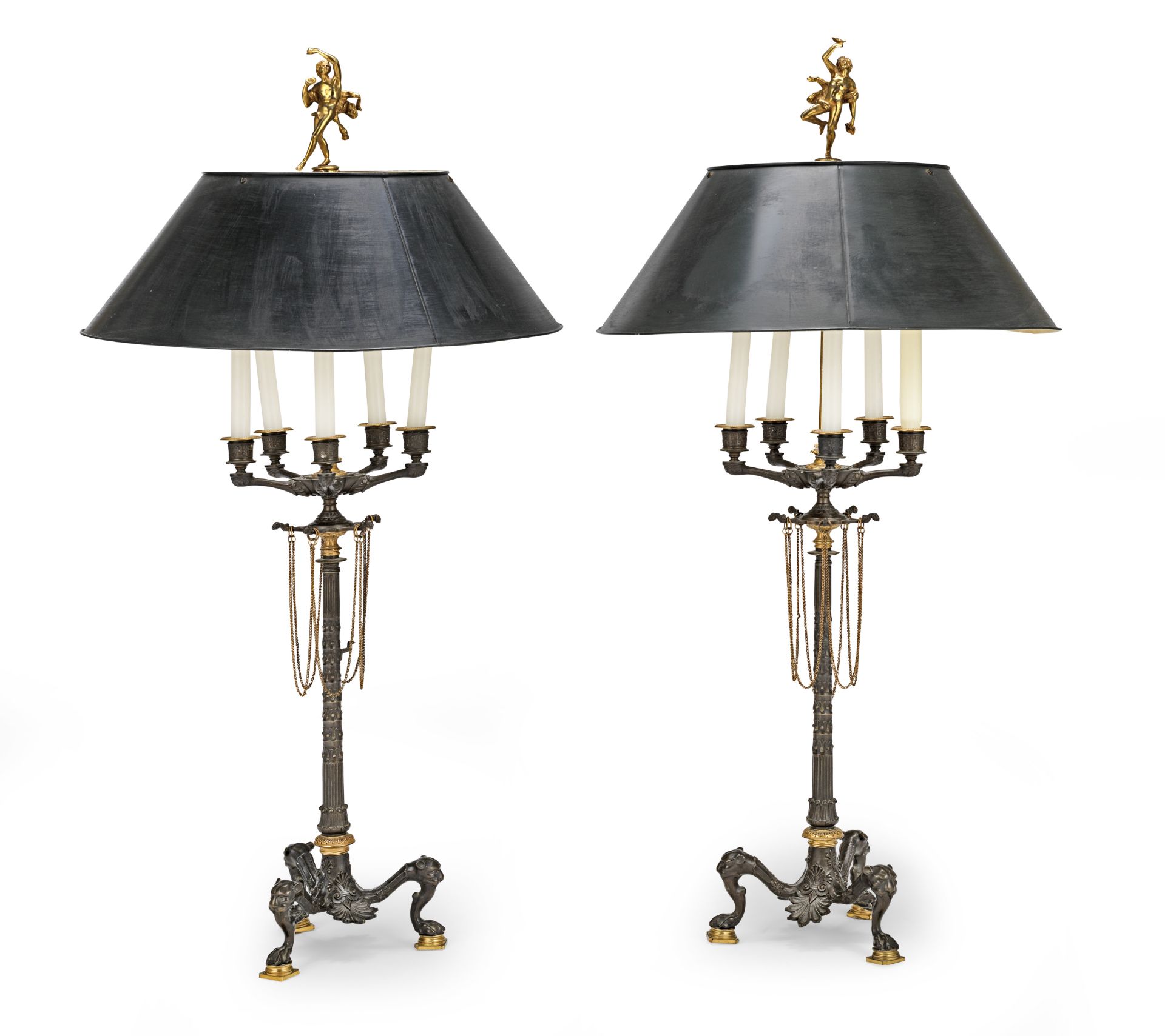 A pair of Napoleon III gilt and patinated bronze five branch candelabra, later adapted for electr...