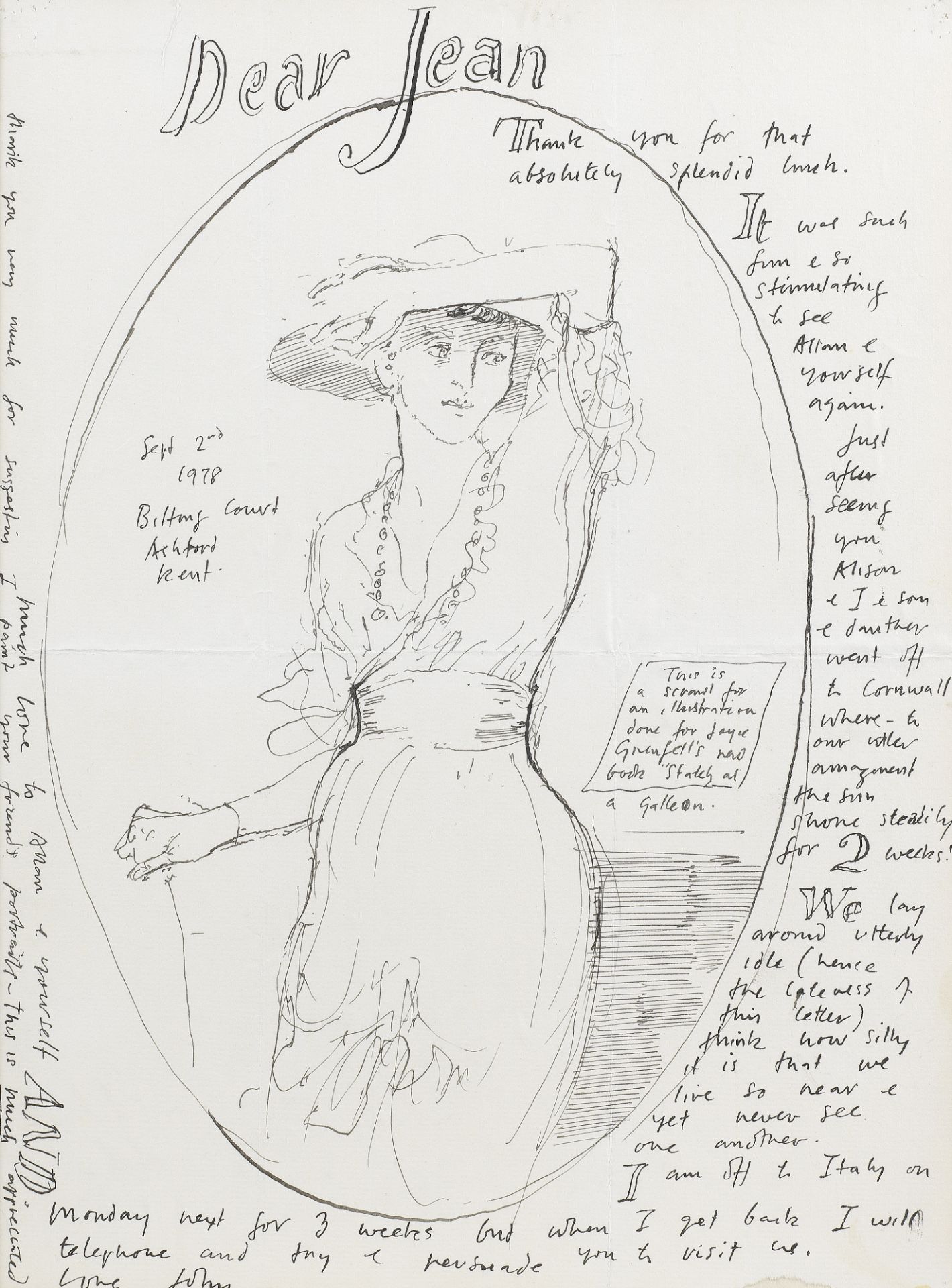 John Stanton Ward R.A. (British, 1917-2007) Sketch of Joyce Grenfell and letter to Jean Barker, B...