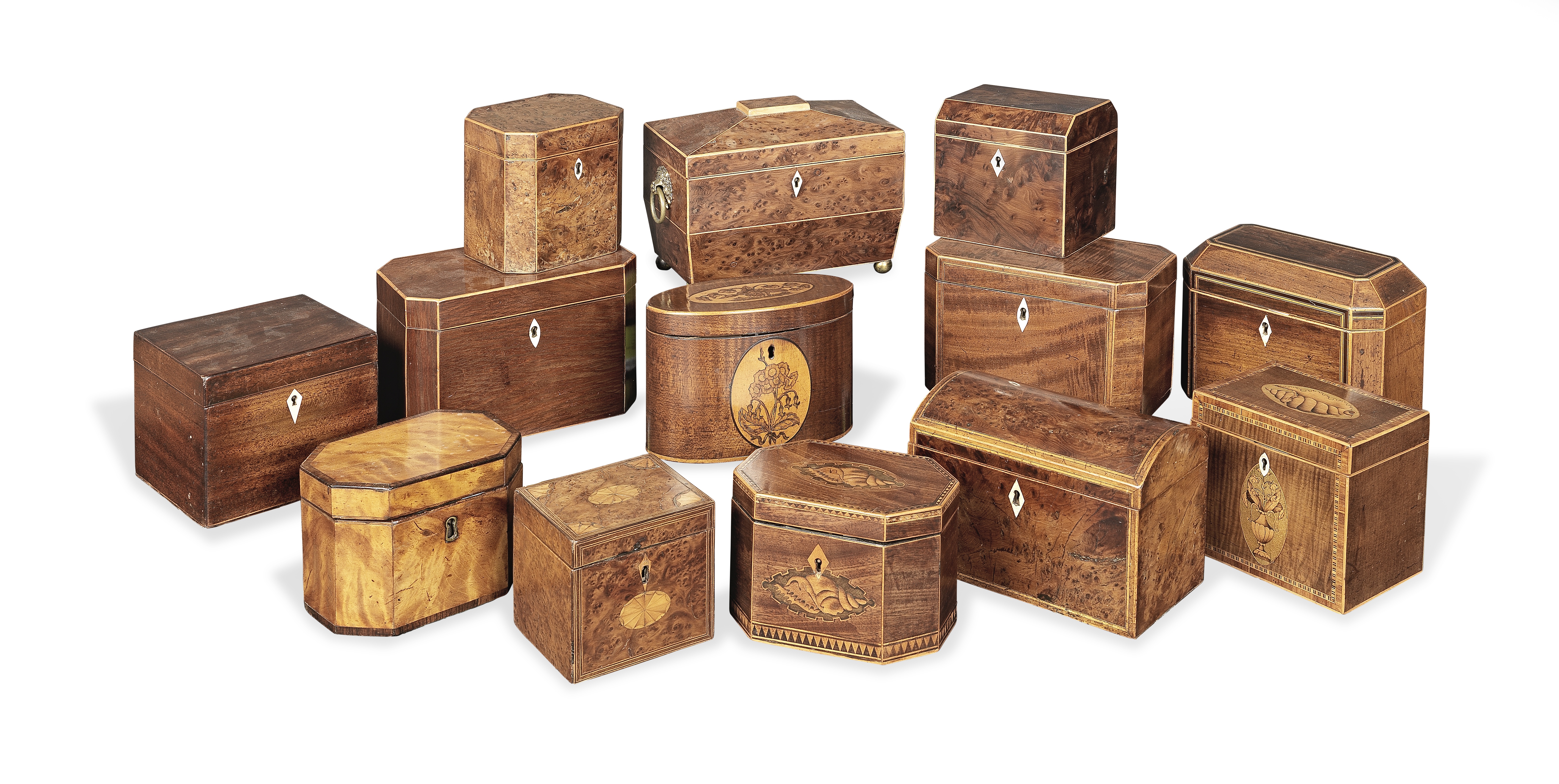 A large collection of thirteen late 18th and 19th century tea caddies