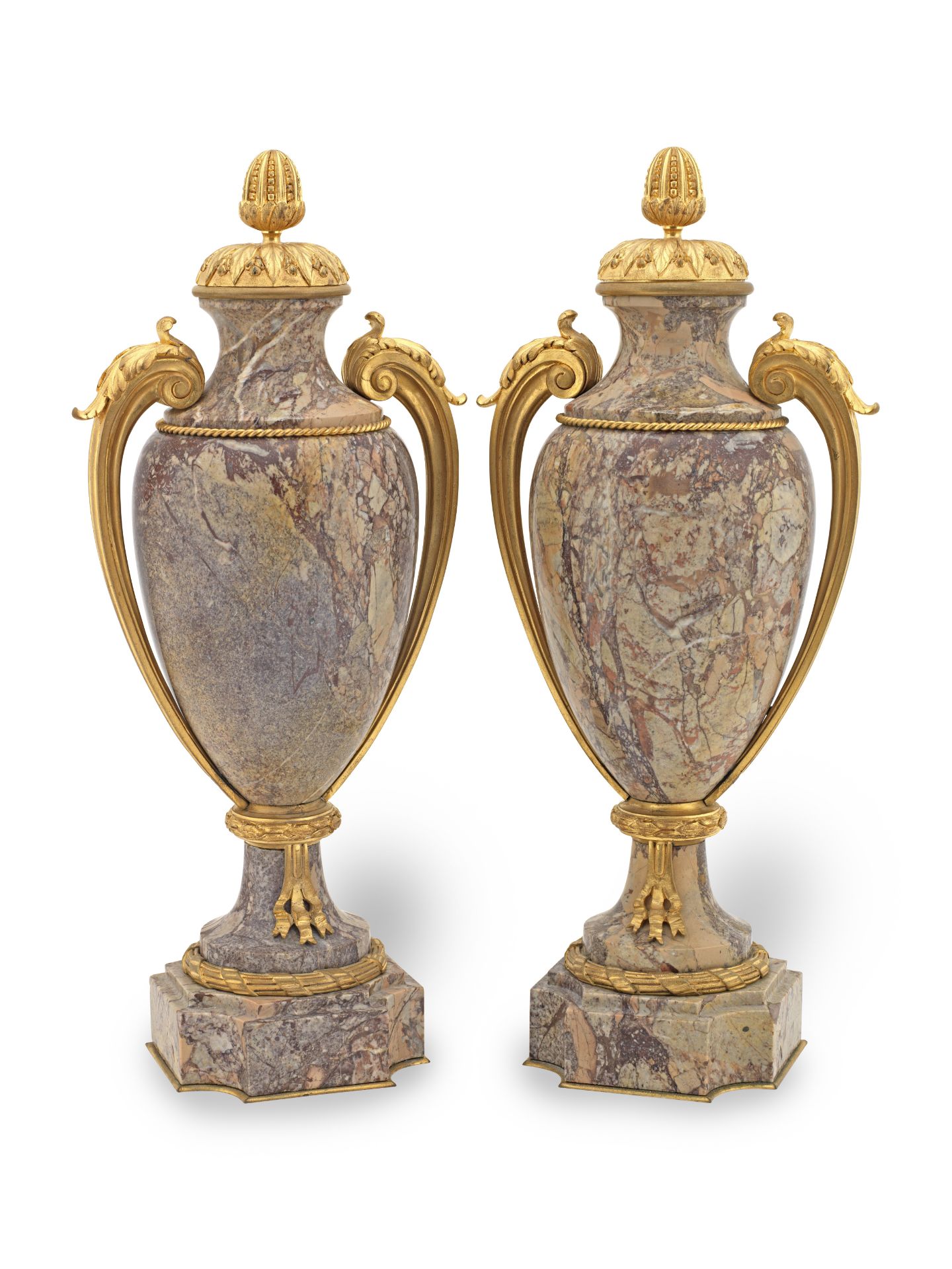 A pair of Louis XVI style ormolu and breccia rosa baluster vases (2)
