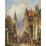 Cornelis Christiaan Dommersen (Dutch, 1842-1928) Bustling street scene, Amsterdam