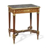 A French late 19th century ormolu mounted plum pudding mahogany, maple and aranath occasional tab...