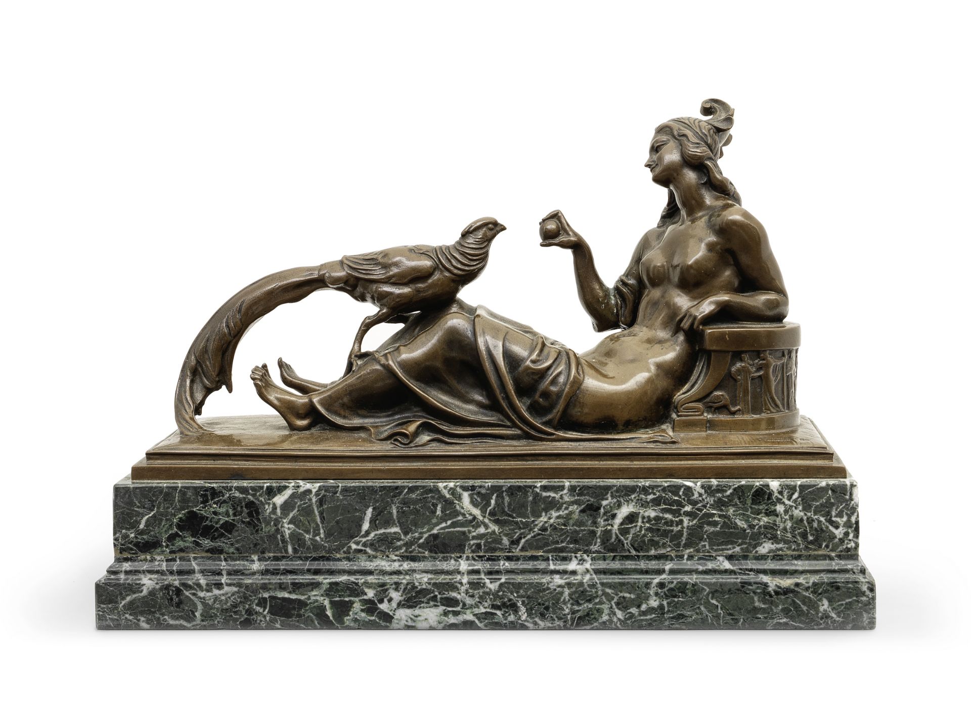 Ferdinand Liebermann (German, 1843-1941) A bronze of a Greek maiden feeding a pheasant whilst rec...