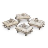A set of four George IV silver entrée dishes and Old Sheffield plate stands Richard Sibley, Londo...