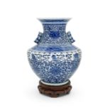 A large blue and white two-handled vase