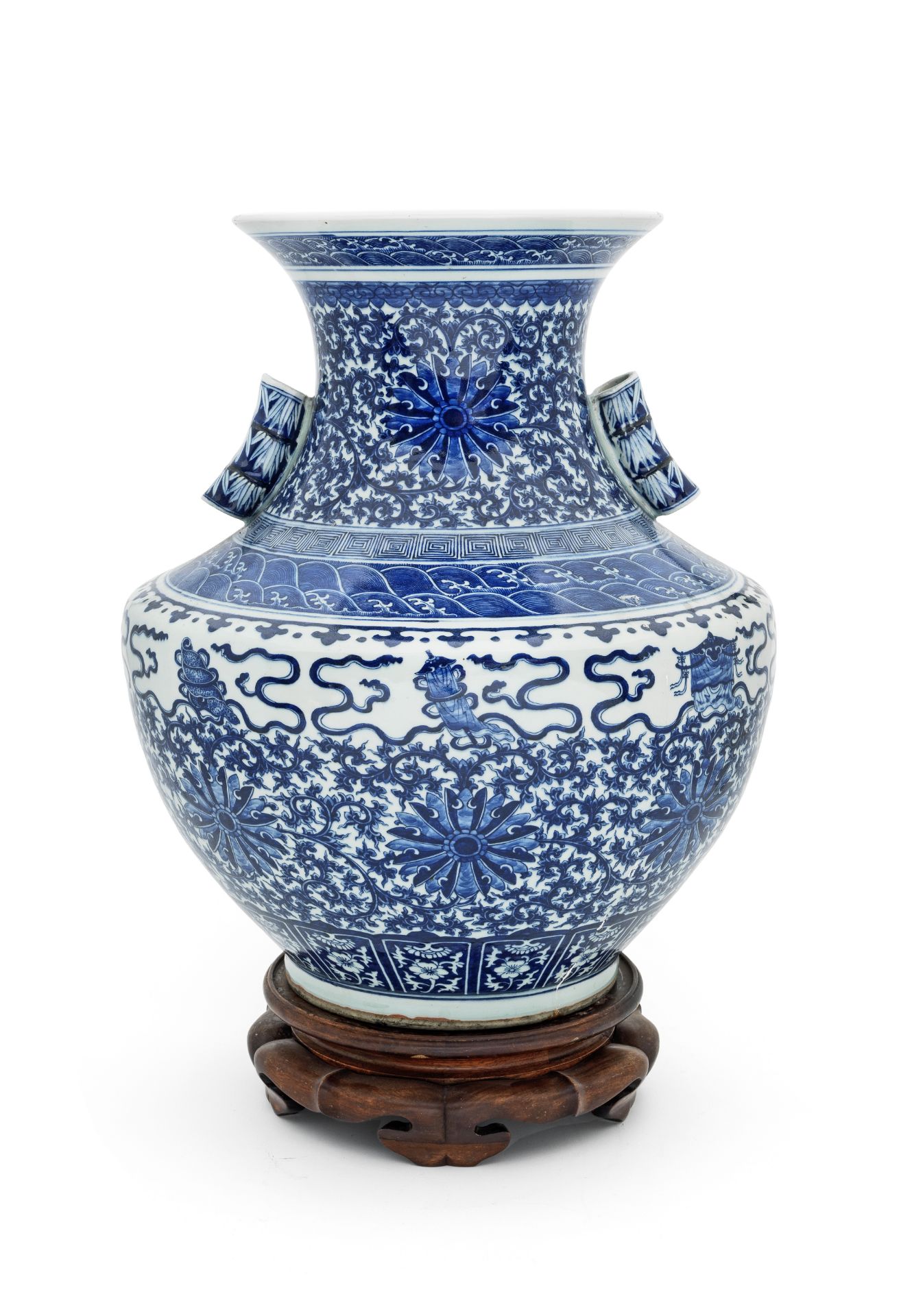 A large blue and white two-handled vase