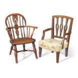 A 19th century yew and elm child's Windsor armchair together with an early 19th century mahogany ...