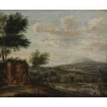 Circle of Dionys Verburgh (Dutch, circa 1655-1722) A river landscape with figures before dwellings