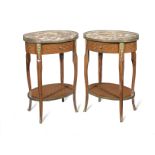 A pair of French mahogany and marquetry inlaid side tablesLate 19th/ early 20th century (2)