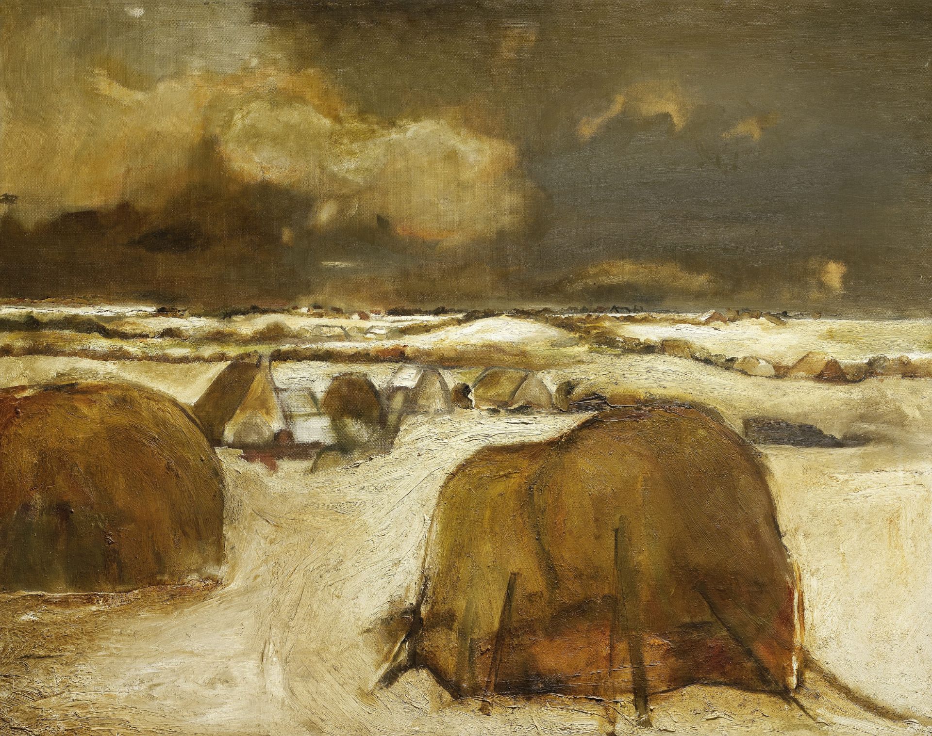 Sheila Fell R.A. (British, 1931-1979) Haystacks in Winter 101.7 x 127 cm. (40 x 50 in.) (Painted ...