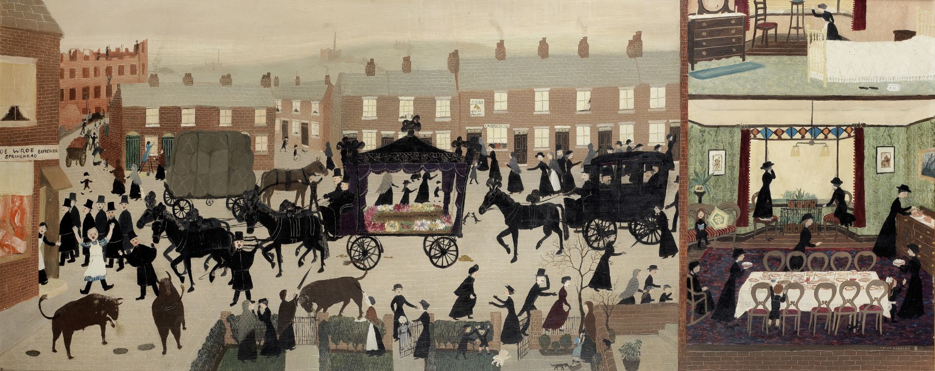 Helen Bradley (British, 1900-1979) Uncle Tom's Funeral Procession 60.3 x 151.5 cm. (23 3/4 x 59 5...