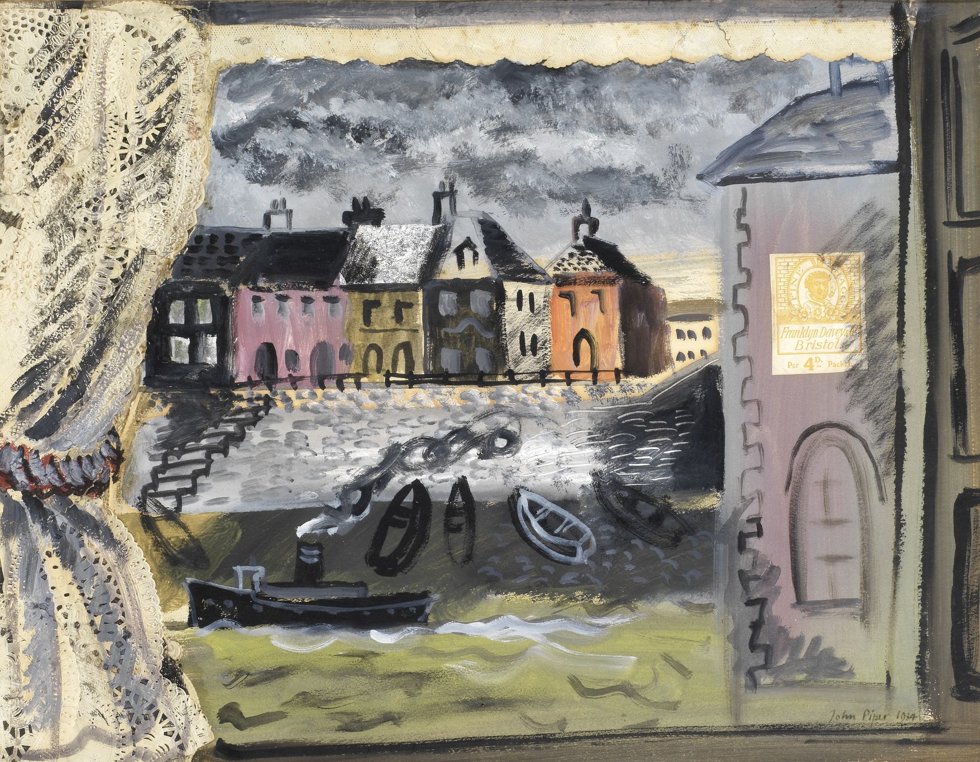 John Piper C.H. (British, 1903-1992) Harbour through a window 38.1 x 50.3 cm. (15 x 19 3/4 in.)